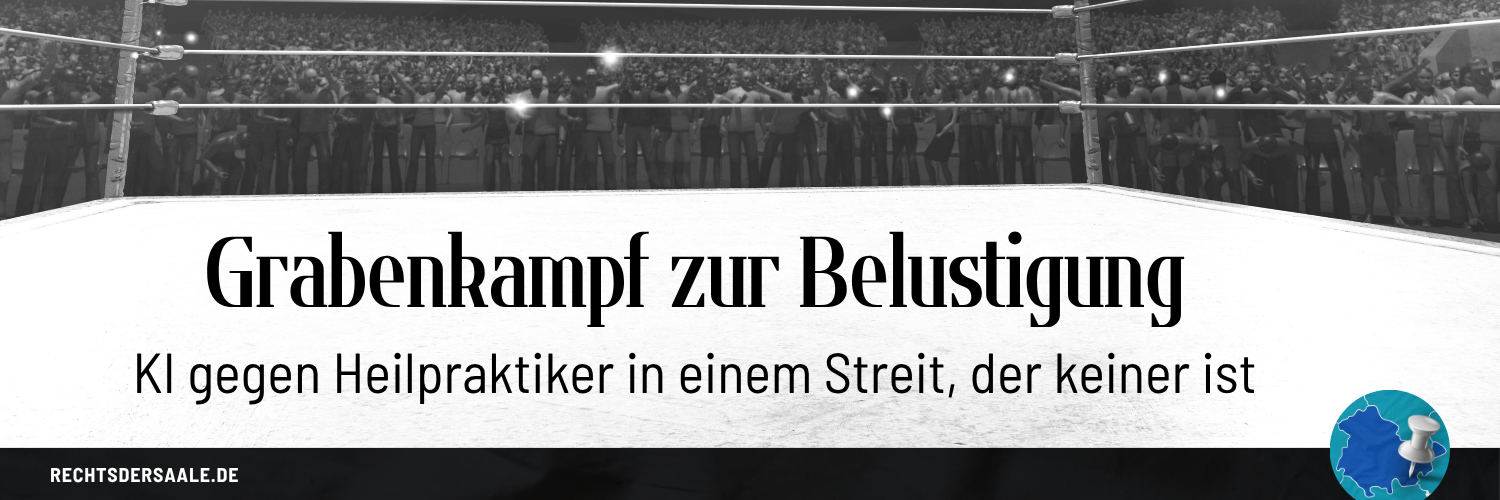 "Grabenkampf zur Belustigung: KI gegen Heilpraktiker in einem Streit, der keiner ist" ist als Text auf dem Boden eines Boxrings zu sehen.